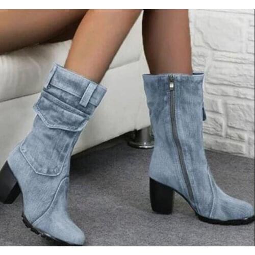 Spring autumn Denim boots for Women Mid-rise Solid color Large Size Shoes woman Slip-On Chunky Med Heels Mid-calf Boots