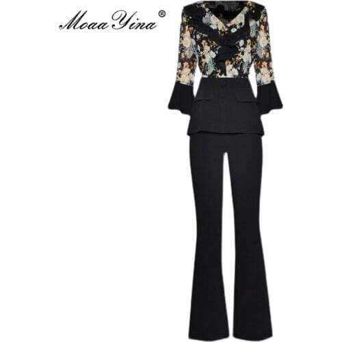 MoaaYina New 2021 Summer Runway Fashion Pants Suit Women V-neck Floral print Tops and Loose Black Wide Leg Pants 2 Pieces Set