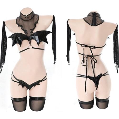 Japanese Women Darkness Devil Cosplay Costumes Black Wings Bra PU Sexy Lingerie Set with Stocking Hair Accessory Full Underwear