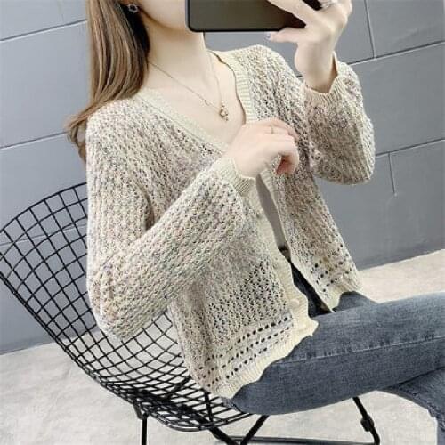 Spring Autumn Thin Hollow Knitting Cardigan Womens 2021 New Korean Fashion Loose Short Sun Protection Sweater Coat Tops Female