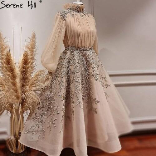 Serene Hill Luxury Beaded Champagne A-Line Evening Gown 2021 Ankle Length High Neck For Muslim Women Formal Party Dress CLA71035
