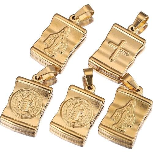 5pcs Lot Gold Blessed Virgin Mary Pendant Stainless Steel Christ Cross Charm Pendants Base for DIY Necklace Jewelry Making