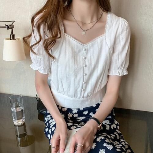 2021Korean Fashion Womens Tops and Blouses Chiffon Women Blouses Short Sleeve White Shirts Square collar Ladies Tops