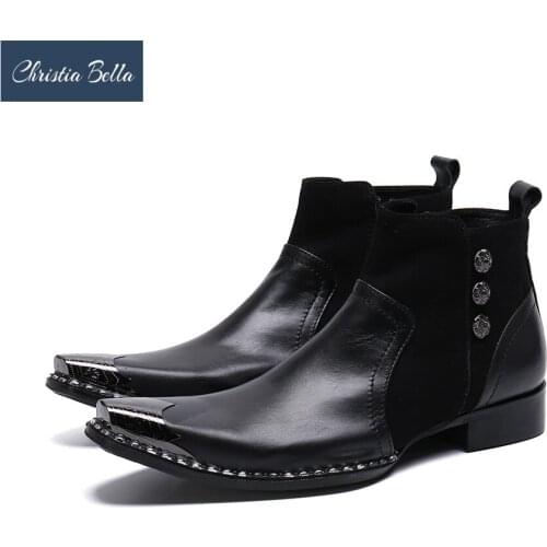 Christia Bella Solid Men Shoes Genuine Leather Boots New Fashion Patchwork Metal Pointed Toe Boots Large Size Zipper Short Boots