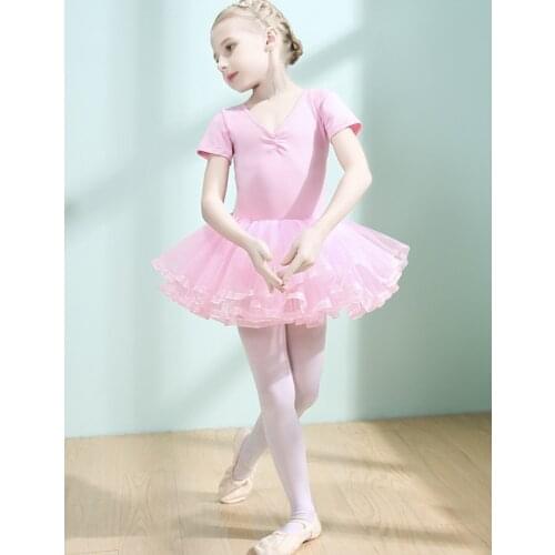 Short Sleeve Kids Dance Leotards Slim Ballet Tutu Dress Bubble Skirts Child Gymnastics Practice Bodysuit Ballerina Clothes