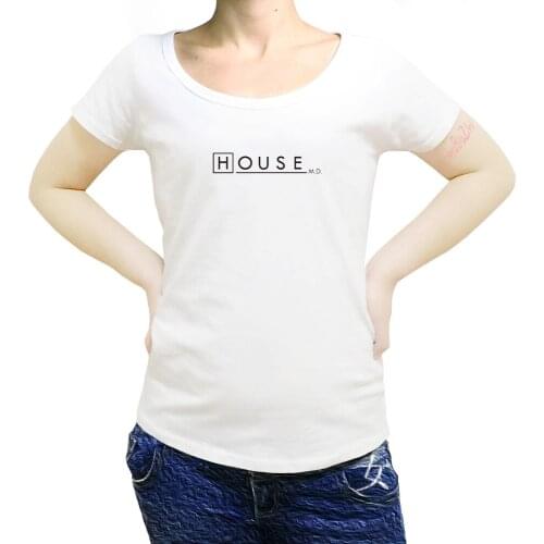 House MD T Shirts for women Dr House Logo White Tops Short Sleeve Casual T-Shirt Round Neck Pure Cotton Tees sbz8117