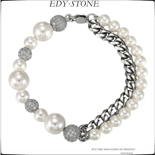 EDY 2021 New Hip Hop Punk Full Diamond Cuban Chain Stitching Pearls Double layer Bracelet For Women Men Girls Party Jewelry