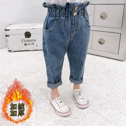 2019 Autumn and Winter Girls Jeans Toddler Plus Velvet Thickening Denim Pants Female Baby Casual Denim Trousers Flower Jean 2-7Y
