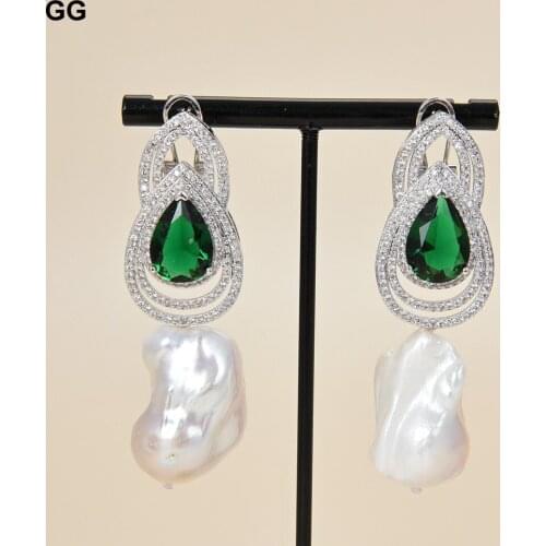 GuaiGuai Jewelry Natural Pearl Cultured White Keshi Pearl Green Cz Rhinestone Stud Earrings