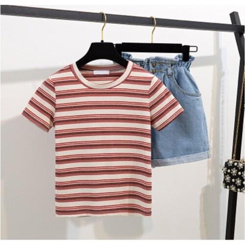 Fashion Striped Women Short Sleeve T-Shirt Tops + Short Pants 2 pcs Sets 2021 New Summer Womens Wide Leg Hot Denim Shorts Suits