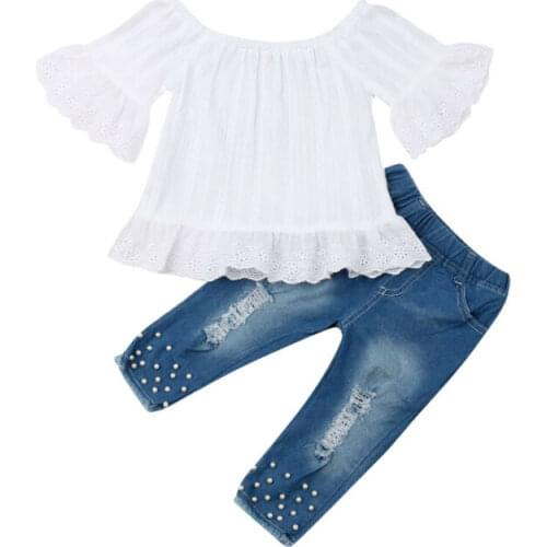 1-6Y Toddler Kids Baby Girls Clothes Sets White Off Shoulder Tops T-shirt Denim Long Pants Jeans Trouser For Girl Outfits Brand