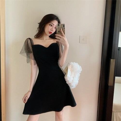 Real shot 2020 new fashion elegant sweet dress temperament sexy slim high waist black dress