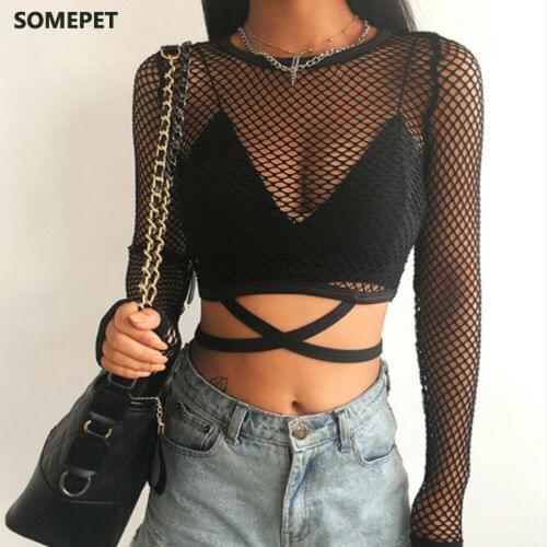Sexy New Mesh Goth Long Sleeve T shirt Women See-through Fishnet Tops Summer Casual TShirt Streetwear Womens Clothing