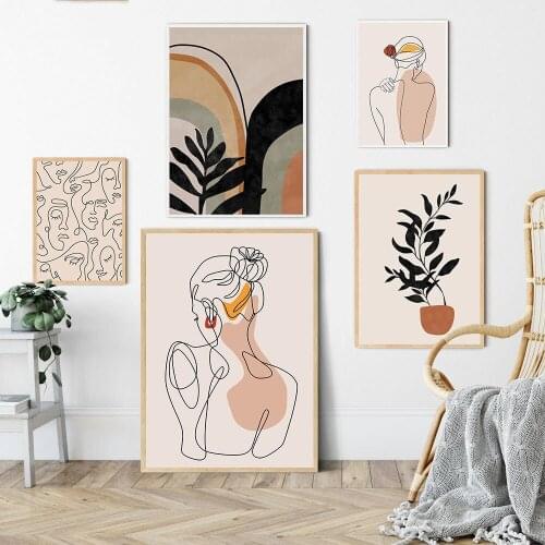 Single Line Face Art Painting Girl Body Back Minimalist Wall Art Canvas Poster Home Decor Leaves Abstract Print Nordic Picture