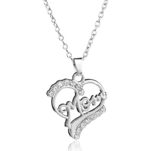 24PC Wholesale Silver plated Love "Mom" Crystal Heart Pendant Necklace Mothers Day Jewelry For Mother Mama Mommy Birthday Gifts