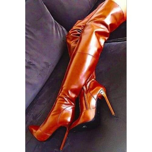 Sexy Fluorescent Brown Pink Pointed Over The Knee Boots Stiletto Heels Zipper Metallic Leather Tight High Boots Size 44