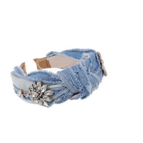 Retro folds brushed denim headbands women diamond-studded fabric raw wash knotted headbands hair accessories