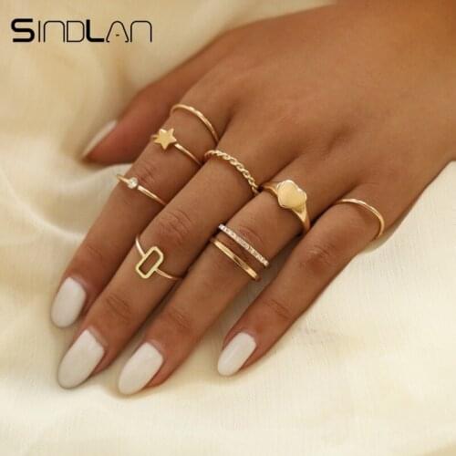 Sindlan 8PCs Simple Geometric Moon Star Rings for Women Gold Heart Boho Charm Rings Set Girls Female Fashion Finger Jewelry