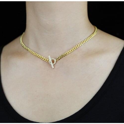 2021European Fashion Gold Color Curb Cuban Chain 5MM Width Bling 5A Cubic Zircon Paved CZ Toggle Clasp Choker Necklace For Women
