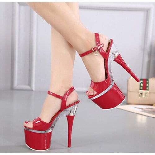 Women Summer Steel Tube Dancing Shoes Sexy Catwalk Nightclub Model Crystal Platform 17.5CM Extreme Thin High Heels Sandals