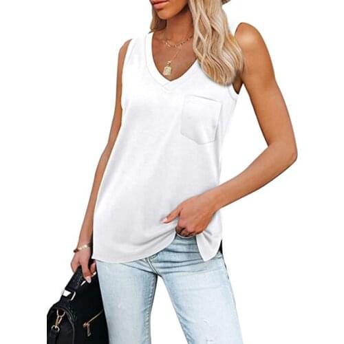 Ladies Summer Sleeveless Vest Solid Color Camisole Retro Girls V-neck Side Split Loose Tops Front Pocket Casual Base Shirt