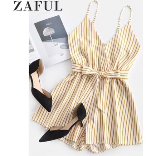 ZAFUL Self Tie Waist Striped Cami Romper 2019 Mid Waist Sleeveless Casual Playsuit Summer Belted Straight Leg Women Romper
