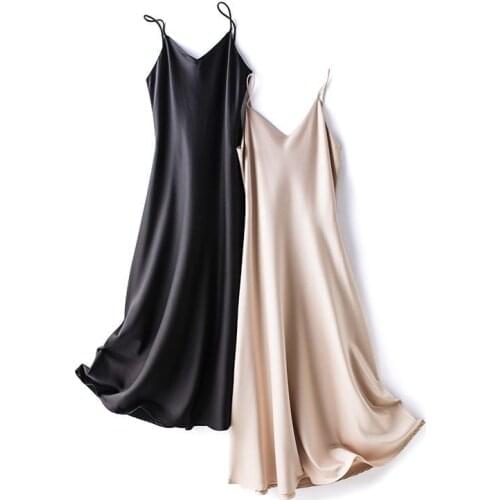 2021 Women Satin Deep V Neck Sexy Dress Solid Straight Pajamas Party Dress Elegant Female Summer Spaghetti Strap Dress Casual