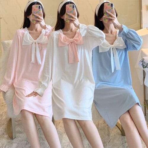 2021 Autumn Long Sleeve Cotton Nightgowns for Women Korean Cute Bow Sleepwear Night Dress Nightdress Nightwear Home Dress Nighty
