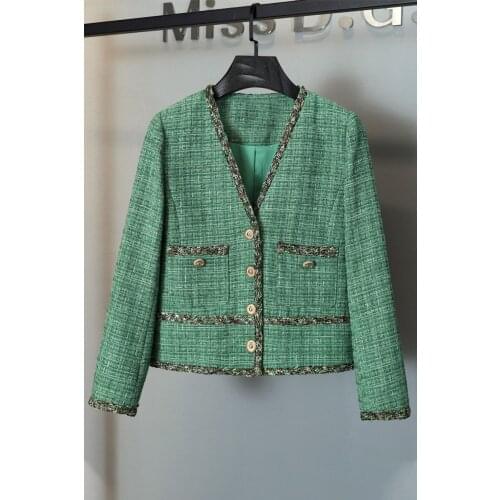 2021FW Autumn Luxury New Women V Neck Green Tweed Jacket Coat Female Casual Fashion Overcoat 7.29