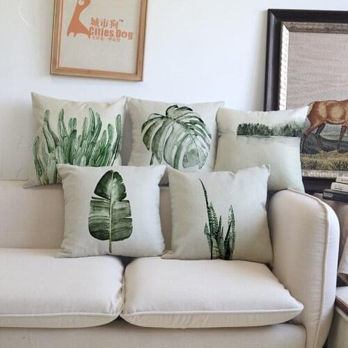 Nordic Style Tropic Plant Green Leaf Throw Linen Pillow Case Home Offce Sofa Chair Simple And Fresh Decorative Cushion Cover