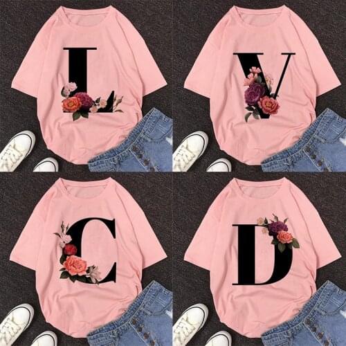 26 English Alphabet Print Tshirt Harajuku Casual Pink Tops T Shirt Women 2021 New Summer Couples Lovers Female T-Shirt