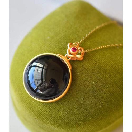 Natural Hetian Jade Dark Jade Egg Noodle Pendant Sterling Silver S925 round Necklace Set Elegant and Ethnic Style Retro Womens