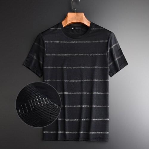 Yarn Dyed T-shirts Luxury Soft Silky Kintted Summer Man T-shirt Plus Size 4xl Fashion Round Collar Stripe Mens Tee