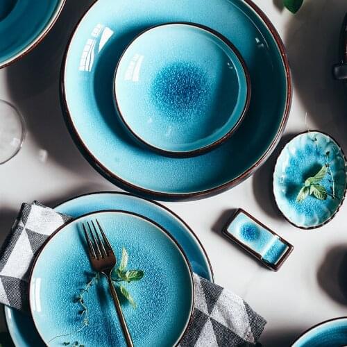 Ice Cracking Glaze Ceramic Tableware Household Dishes Rice Bowls Steamed Fish Dishes Porcelain Blue Dinner Plates Cutlery Set