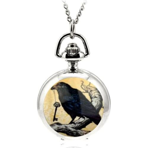 Fashion Modern Silver Quartz Pocket & Fob Watches Necklace Pendant Relogio De Bolso Enamel Women Watch Birds Pattern Lady Gift