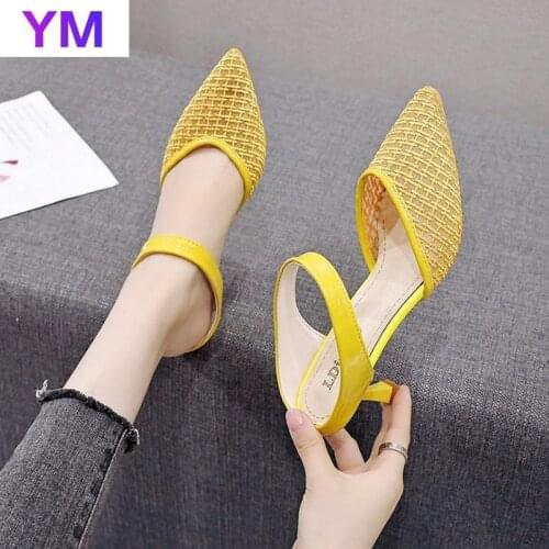 New Womens Mesh Office High-heeled Sandals Summer 2021 Outdoor Semi-trail Pointed Toe Thin Heels Slippers Casual Womens Shoes