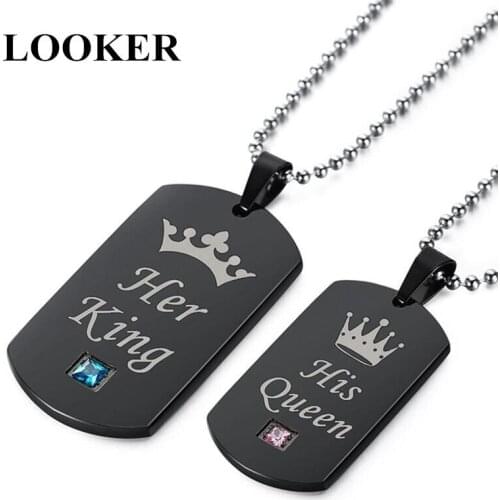 LOOKER Black Stainless Steel Couple Necklaces Her King & His Queen Crown Tag Pendant Necklace with Stone Dropshipping