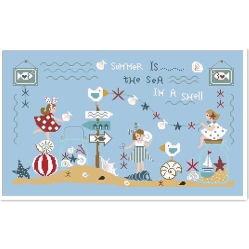 Beach playground cross stitch package cartoon 18ct 14ct 11ct light blue fabric cotton thread embroidery DIY handmade needlework