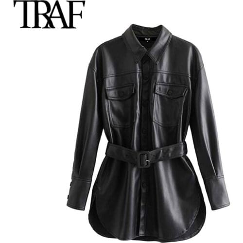 TRAF Women Vintage Stylish Faux Leather With Belted Jacket Coat Fashion Long Sleeve Pockets Side Vents PU Outerwear Chic Tops