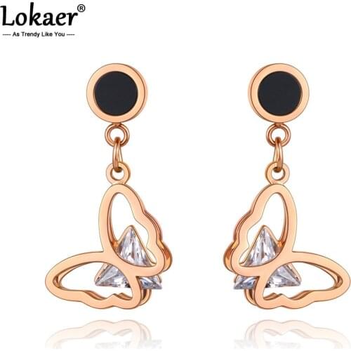 Lokaer New Titanium Stainless Steel Black Acrylic CZ Crystal Butterfly Earrings For Women Trendy Office Animal Jewelry E20272