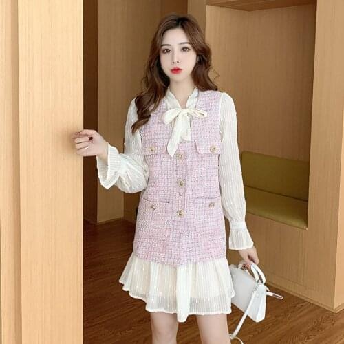 2021 Autumn Temperament 2 Piece Set Elegant Women Chiffon Bow Loose Dress Suit And Pink Tweed Weave Plaid Pocket Vest Skirt Set