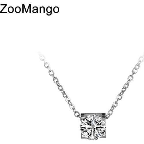 ZooMango Classic Titanium Steel 2Ct Cubic Zirconia Crystal Choker Pendant Neckalces Jewelry Lovely Necklace For Women ZN17039