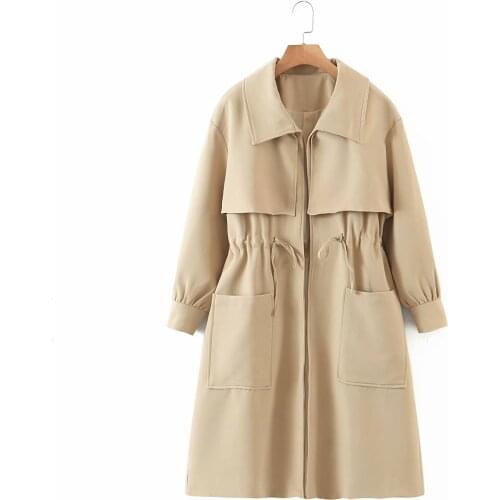 ZXQJ Women Khaki Pocket Trench Coat 2021 Automn Fashion Ladies Korean Style Windbreaker Female Drawstring Long Outwear