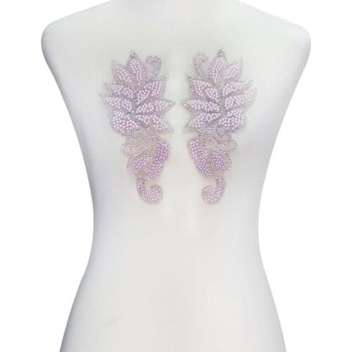 1pair Pink Mirror Pair Sticker Crystal Flower Motifs Rhinestones Hox-Fix Patches Iron on Applique Sewing Accessories T2313