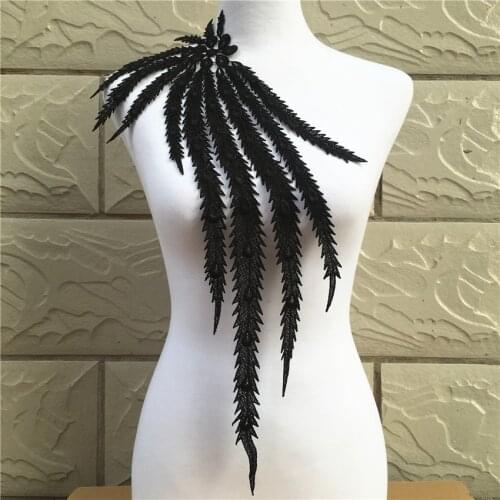 1PC Black/white Pteris Lace Handmade Beads 3D Wedding Dress Applique DIY Bridal Headdress Lace Collar Lace Fabric