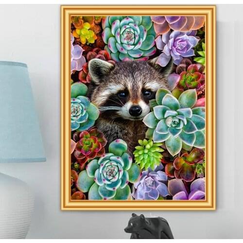 DIY 5D Diamond Painting Succulent Plants Full Drill Square Round Embroidery Raccoon Animal Mosaic Art Picture of Rhinestones