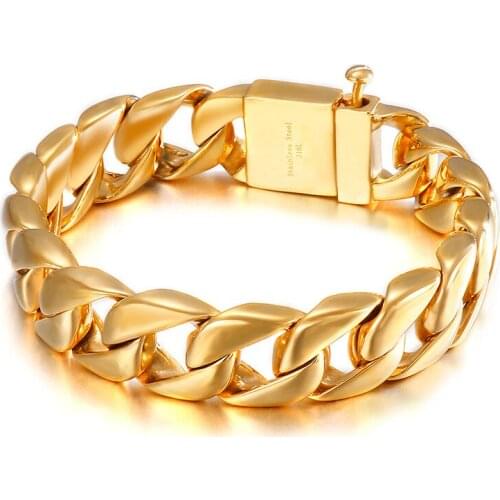 HAOLYNJOY 15mm Wide Gold Color Wrist Band Cuban Chain Mens Stainless Steel Bracelet Jewelry