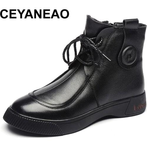 CEYANEAO British Style Winter Black Chelsea Boots Women Genuine Leather Low Heel Spring Lace-Up Fashion Short Boots Women Shoes