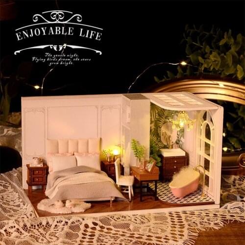 Wooden Miniature Doll House Kit Modern Bedroom with Furniture Toys Artwork