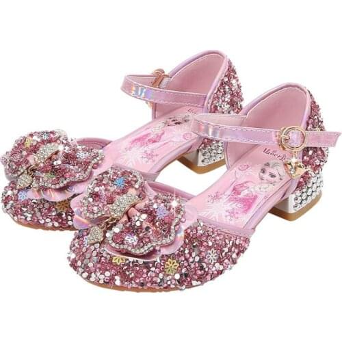 Disney New Children Party Leather Sandals Girls PU High Heel Kids Shoes For Girls Single Shoes Dance Dress Sandals